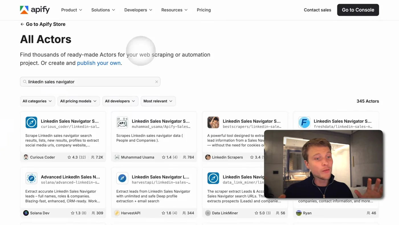The Apify store filtered to LinkedIn scrapers
