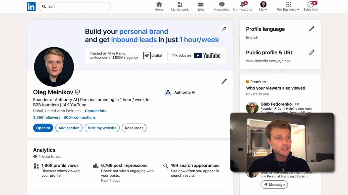 Oleg's own LinkedIn profile with its analytics panel