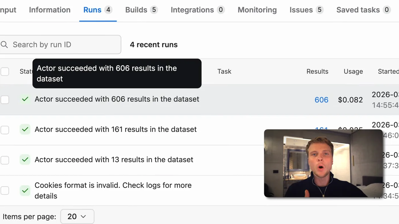An Apify run listing, showing each actor and how many results it returned