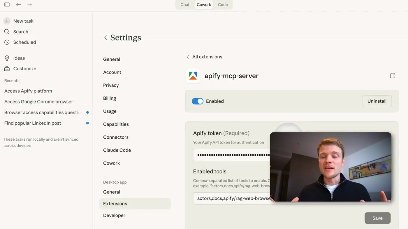 The Apify connector, enabled in Claude's settings