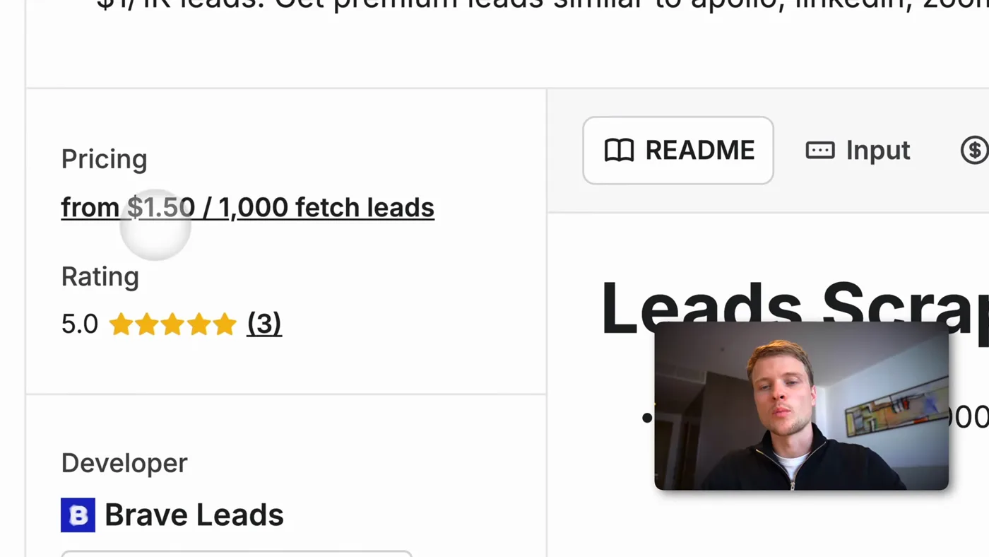 An Apify lead scraper's pricing page, showing a price per thousand leads