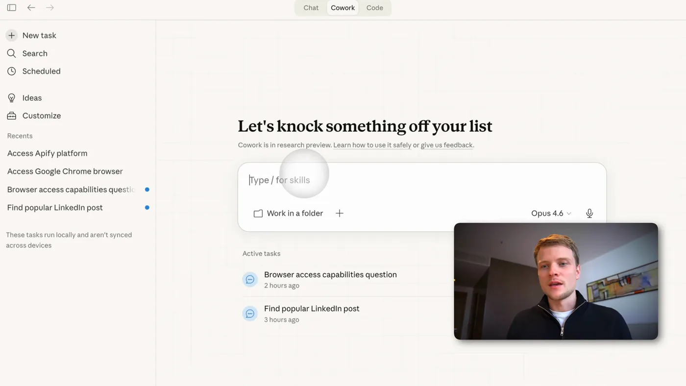 Claude Cowork's task screen, waiting for an instruction