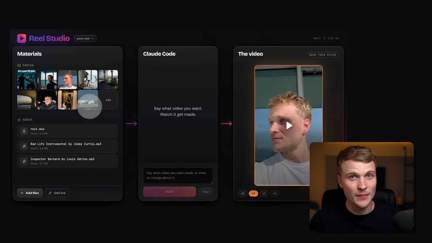Reel Studio: a materials panel, a Claude Code panel and the finished video