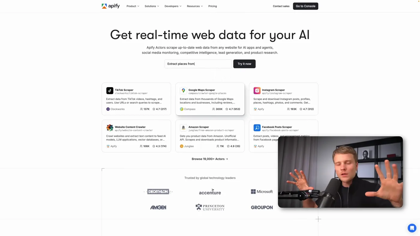 The Apify landing page, describing ready-made scrapers for the web