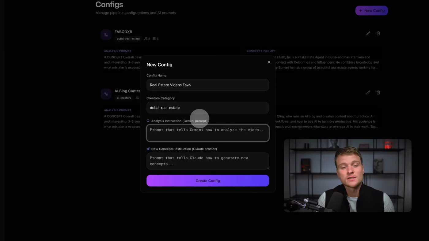 The config screen, with the analysis instruction and the new concepts instruction side by side