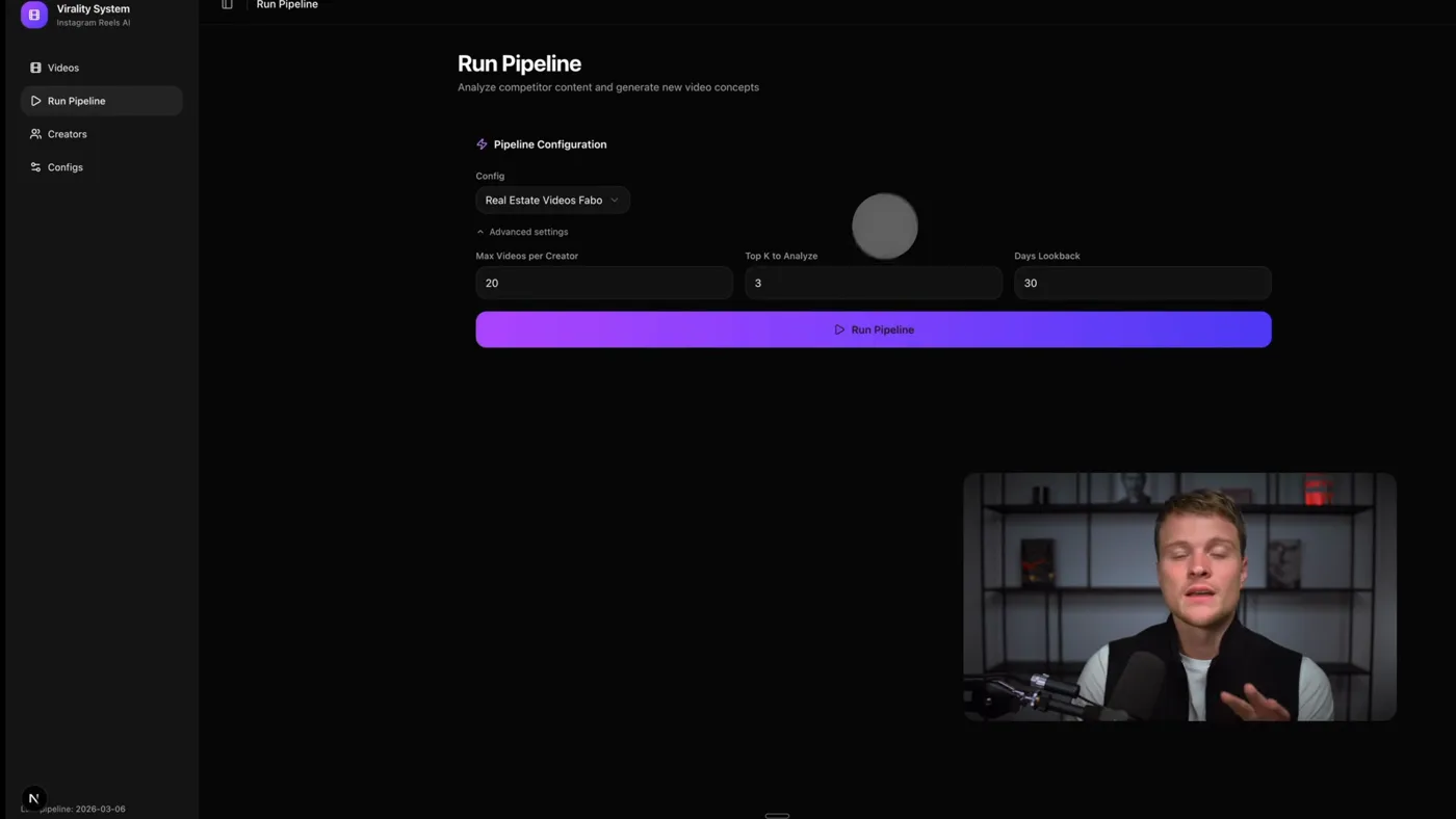 The Run Pipeline screen, with the config selected and the run in progress
