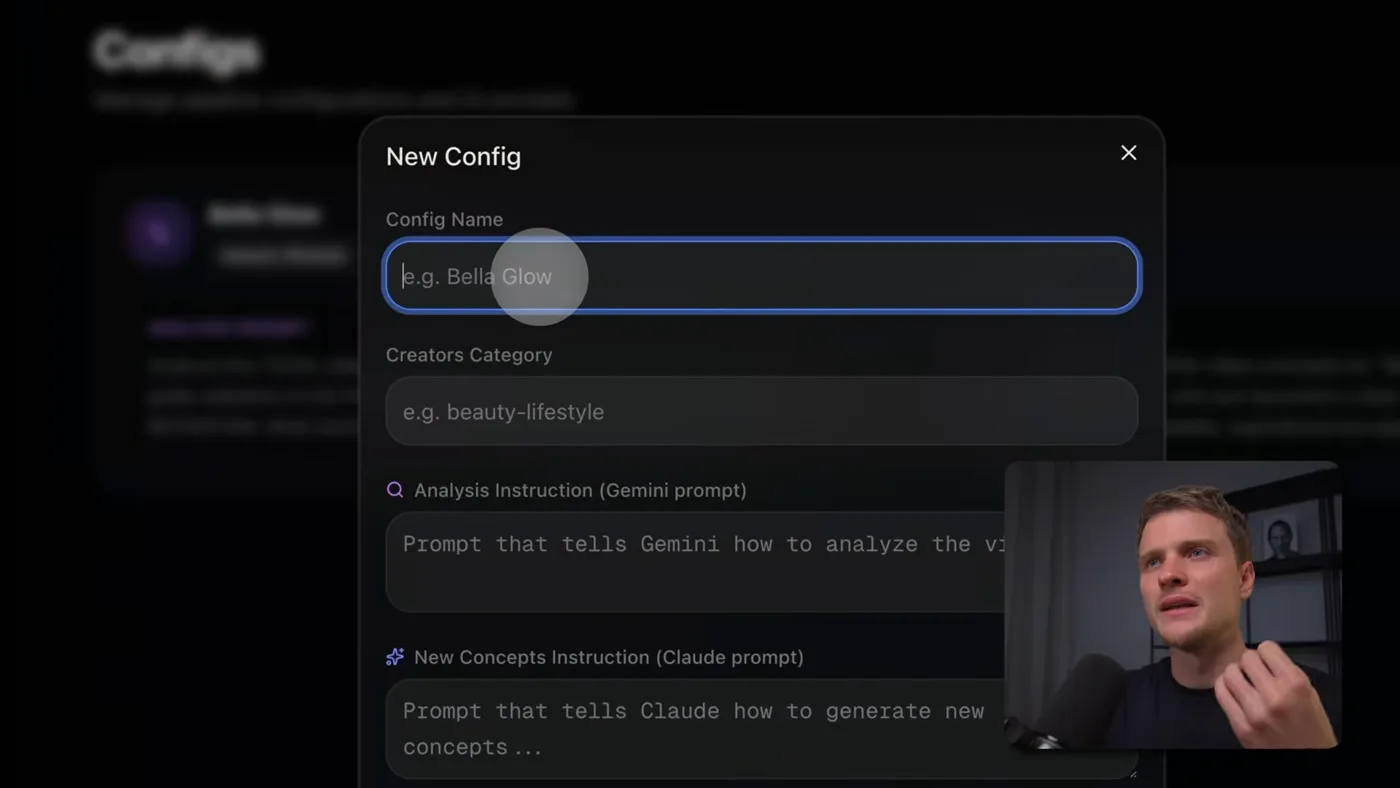 The new-config dialog, with the analysis prompt and the concepts prompt