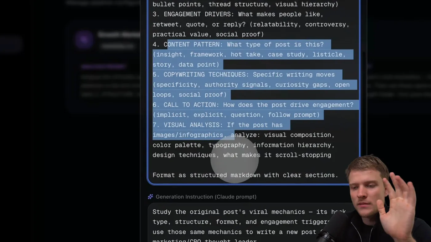 The analysis prompt, listing content pattern, engagement drivers and copywriting techniques