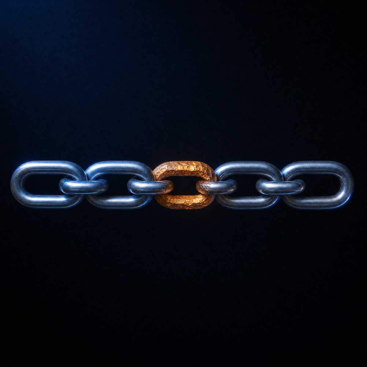 A polished chain with one crude, glowing hand-forged link