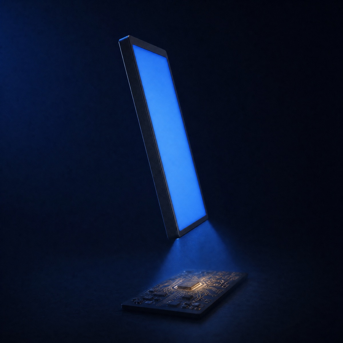 A glowing slab tilted over a circuit board